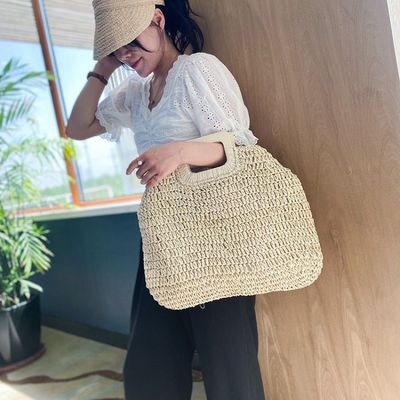 Nada Decoração Rattan Tote Bag Portátil Saco de Palha Feminino para Férias de Verão