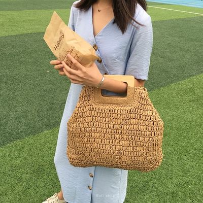 Nada Decoração Rattan Tote Bag Portátil Saco de Palha Feminino para Férias de Verão