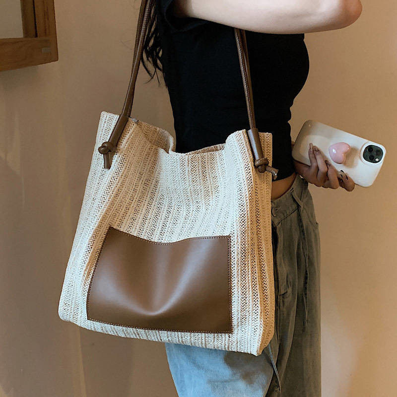 Tote Casual Personalizado Feminino com Duas Alças/Fasasas Summer Sea Beach Trim Raffia Bag