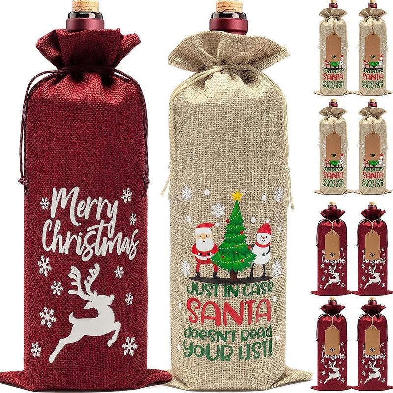 Sacos de vinho de Natal reutilizáveis de juta para garrafas de vinho Tipo de padrão de letra personalizado