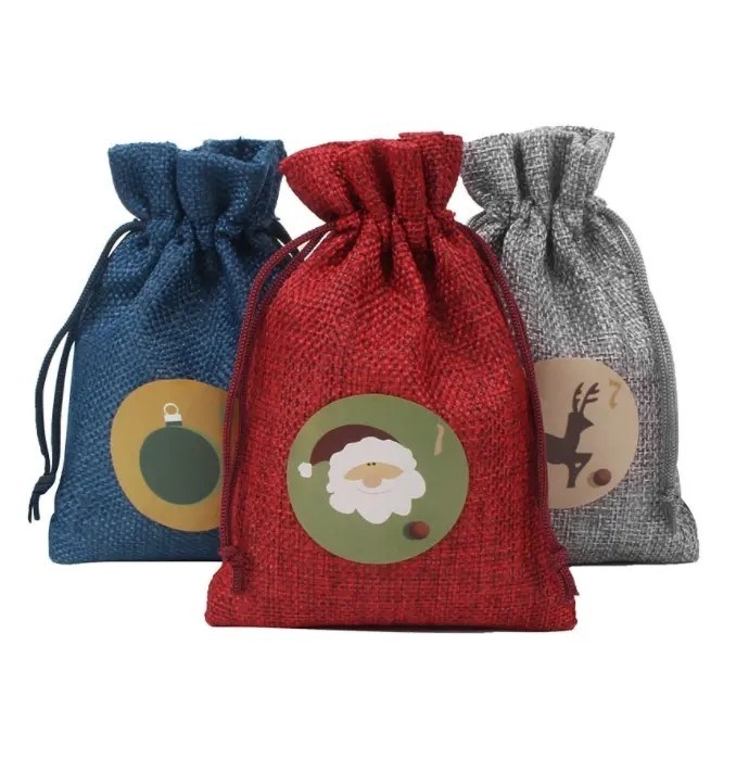 Bolsas de presente de Natal Bolsas personalizadas de jute de cores para presentes e favores de festa