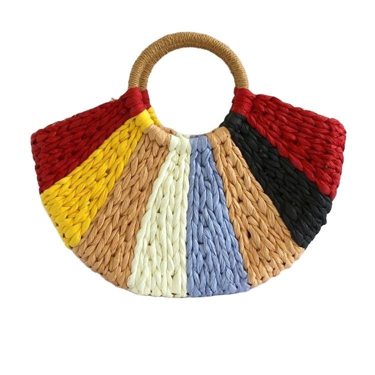 Rainbow Gift Bags Collection Eco Handmade Rattan Woven Straw Tote Bag com fecho aberto