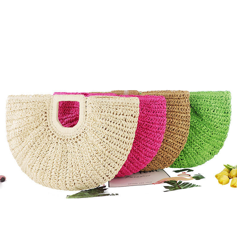Saco de Tote de palha tecido à mão em forma de meia lua para compras em 2023 Fashion Summer Beach