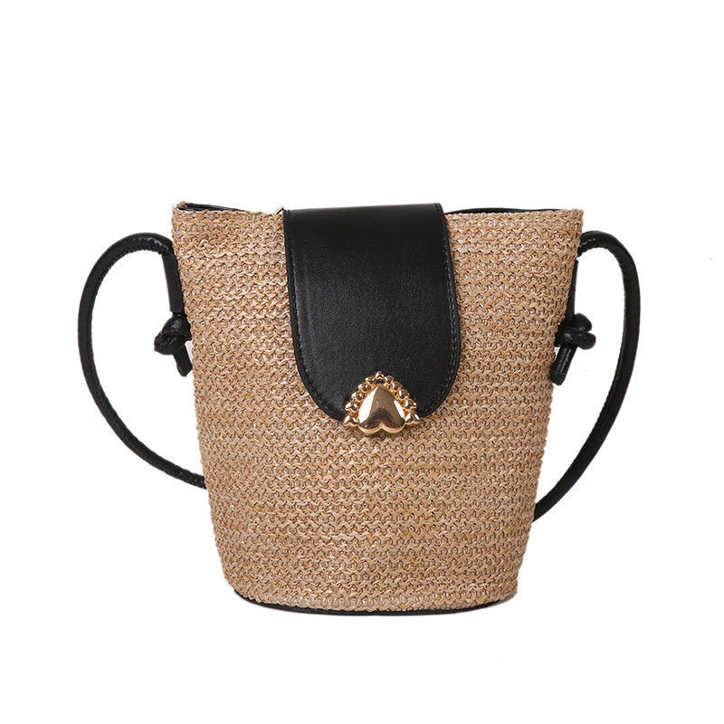 Designer de estilo de verão de madeira redonda de palha tecida saco de balde de praia para bolsa de mão feminina