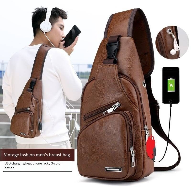 Tamanho personalizado mais recente moda Mens PU couro bolsas de peito com porta de carregamento USB