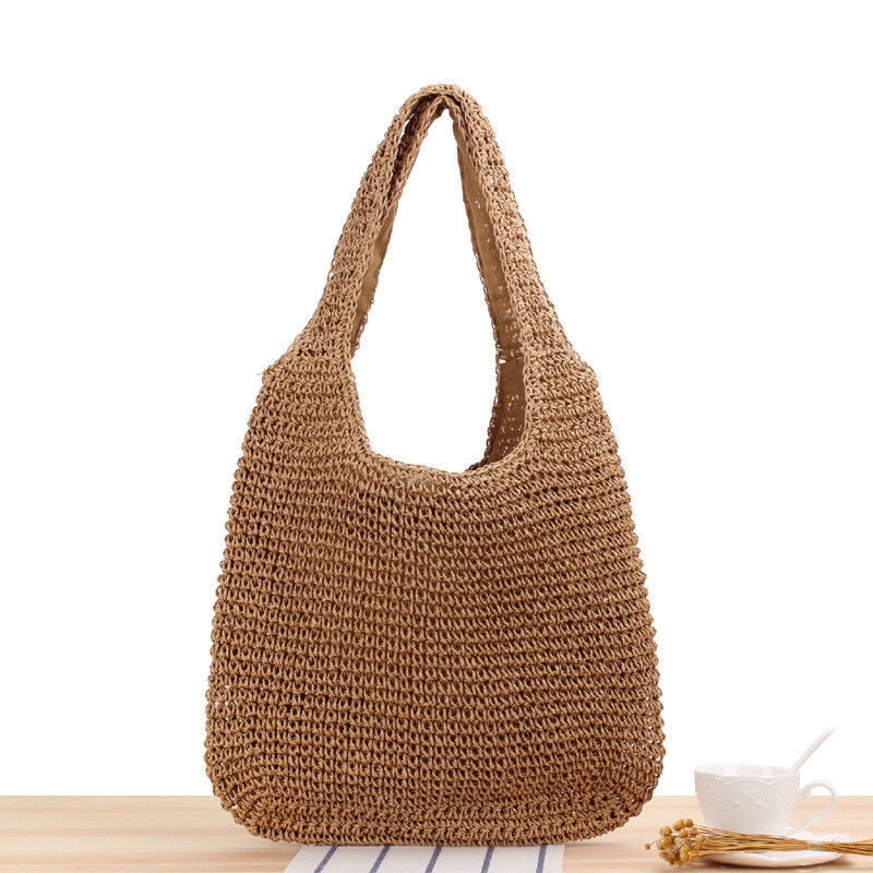 Saco de Tote de palha tecido à mão de um ombro para viagens femininas e saindo praia casual