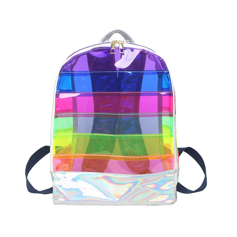 Mochila de PVC transparente elegante de mulheres com barras de geléia de costura Holograma de arco-íris diário