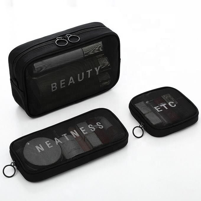 Padrão sólido Tipo de malha de nylon maquiagem de higiene Saco cosmético conjunto com logotipo de letras personalizadas