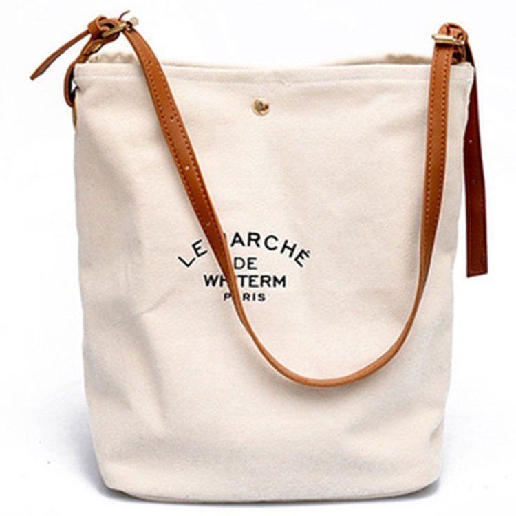 Design de moda feminina Logotipo personalizado Saco de Tote de lona de algodão com alças de couro marrom