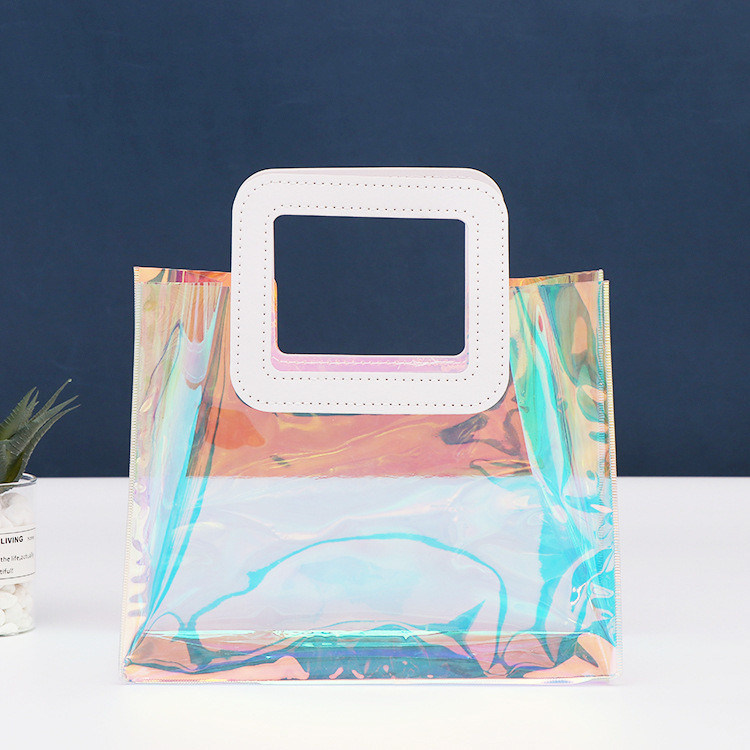 Saco de compras de PVC de cor personalizada de luxo impermeável holográfico transparente Tote para mulheres