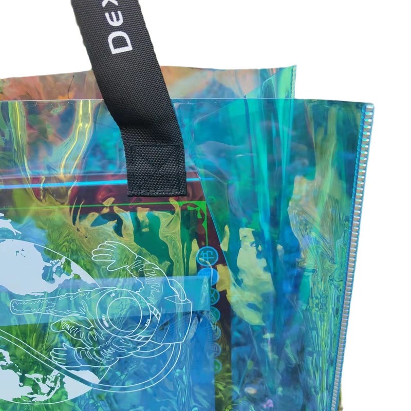 Saco de compras transparente de geléia laser iridescente de PVC com logotipo personalizado impresso