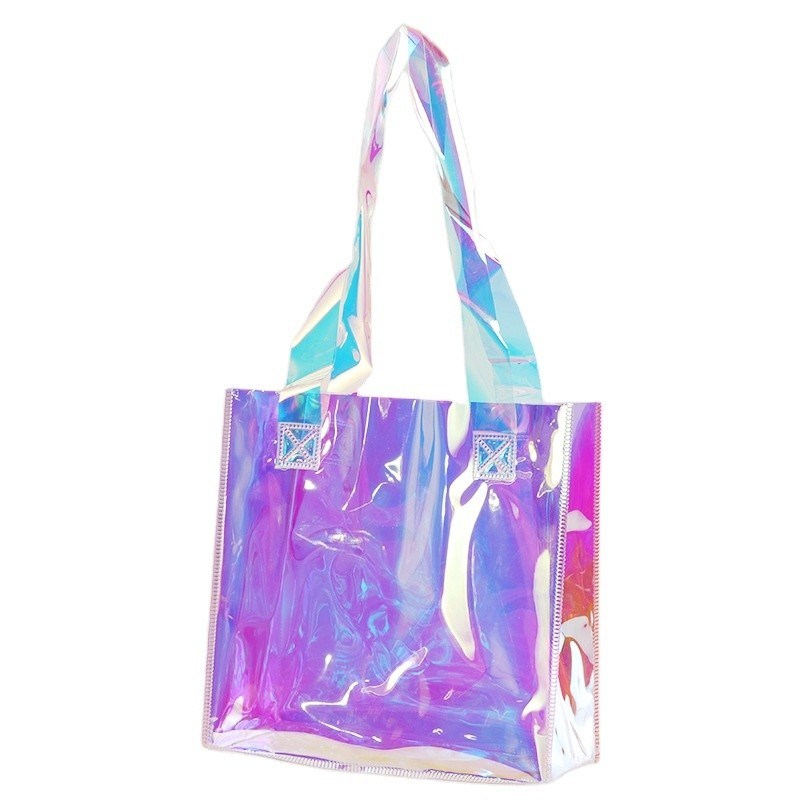 Saco laser de PVC personalizado de juta média para compras holográficas transparentes de plástico reciclado