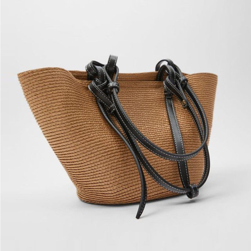 Saco de praia de palha de grande capacidade de exterior Vintage Saco de ombro tecido à mão Sacos Raffia Rattan
