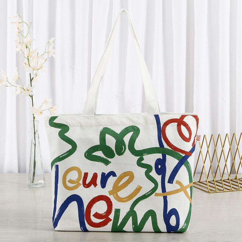 Bolsa de compras de algodão de tela de seda impressa personalizada com logotipo e padrão de letras