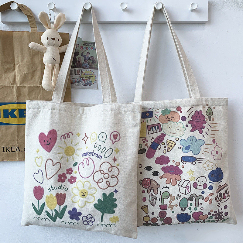 Cartoon Print Canvas Tote Bag para a Vida Escolar Diária Eco Amigável e Cor Personalizada