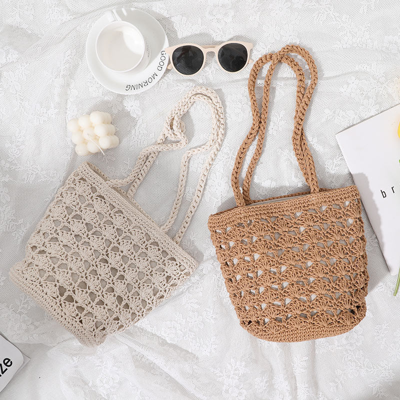 Simples Casual Lady Summer Straw Handmade Bucket Bag para Mulheres Beach Holiday Shoulder Bag