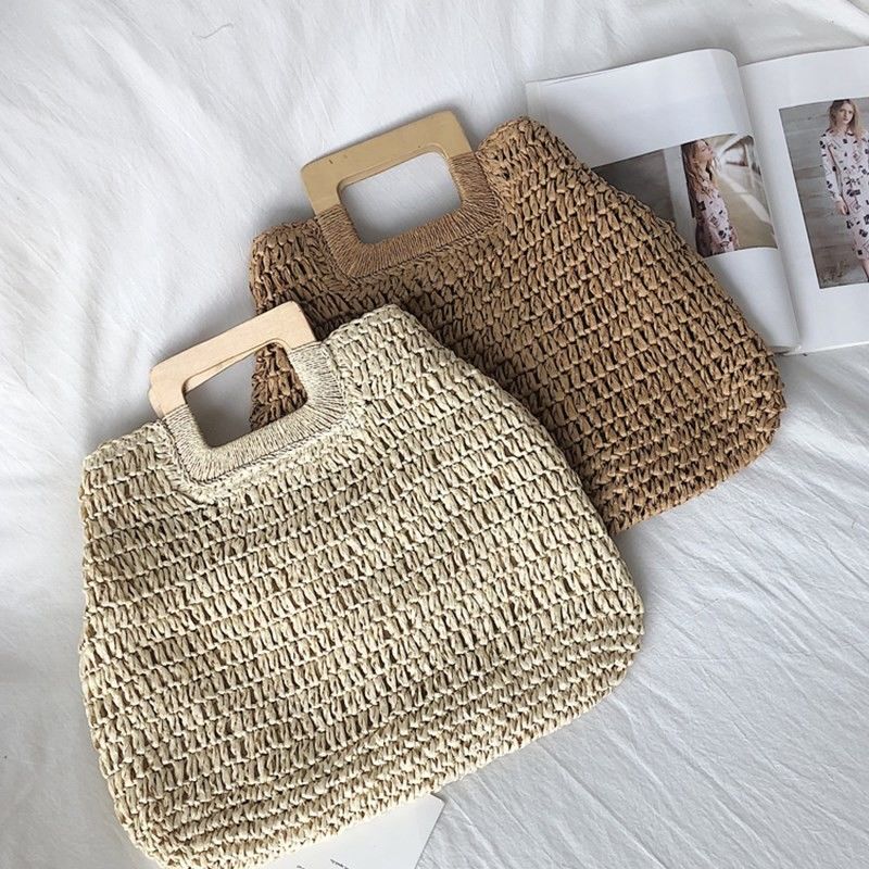 Nada Decoração Rattan Tote Bag Portátil Saco de Palha Feminino para Férias de Verão