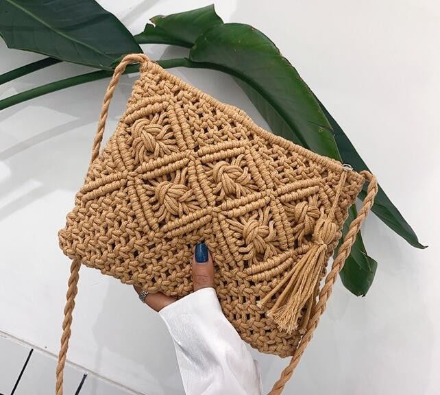 Outro padrão Tipo de algodão feito à mão corda palha mulheres bolsas de mão Vintage Tassels bolsas de praia